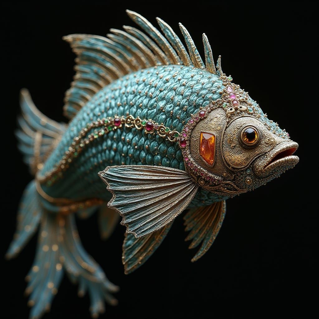 Gothic Fish in Opulent Metal Crochet Armor with Gold and Gem...