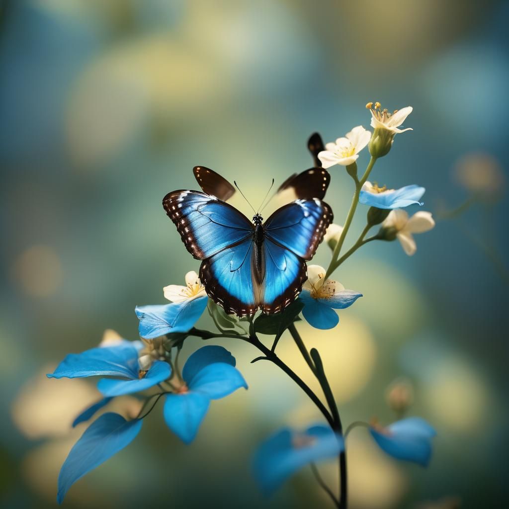 Blue Morpho Butterfly Perched on Flower, Cinematic Still