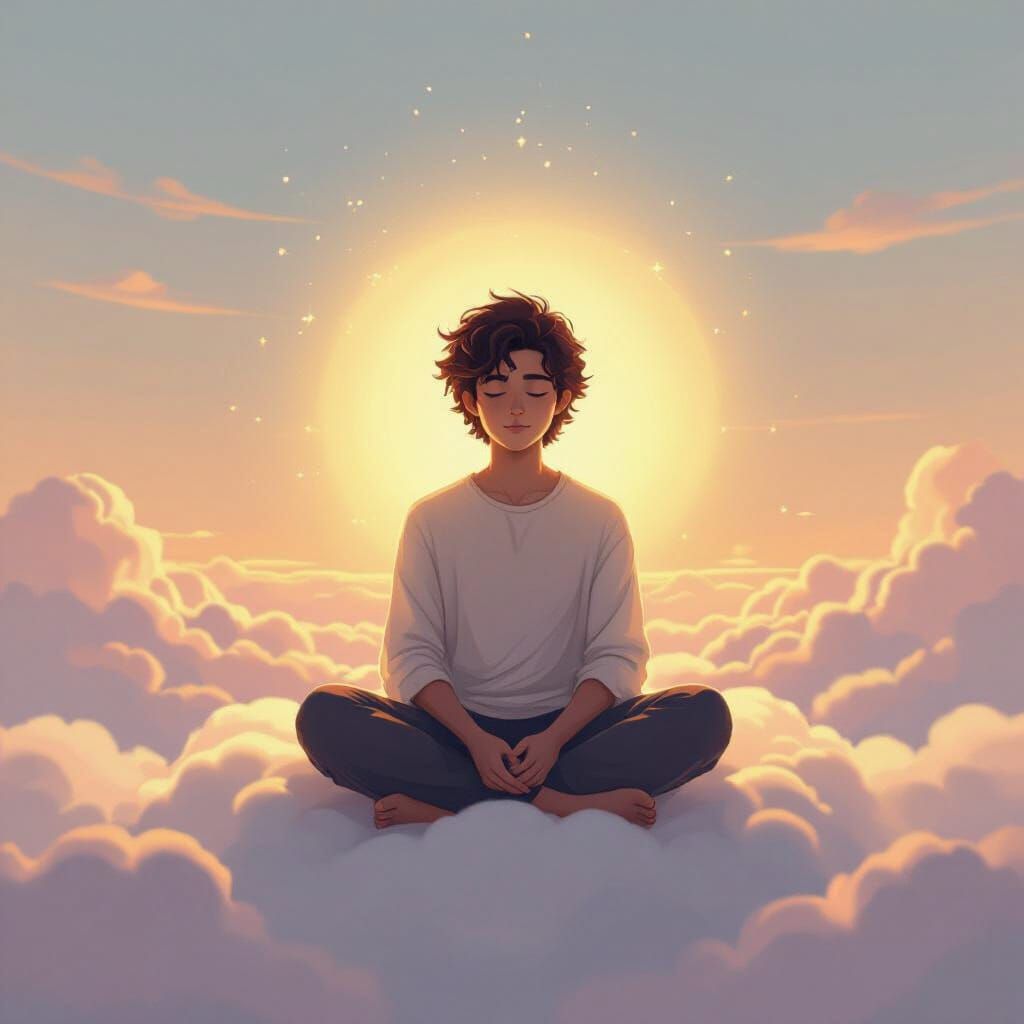 Serene Character Meditating on Cloud with Golden Aura