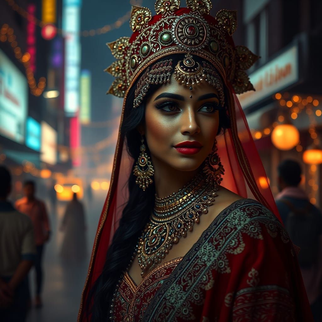 Cyberpunk Indian Bride in Ornate Attire