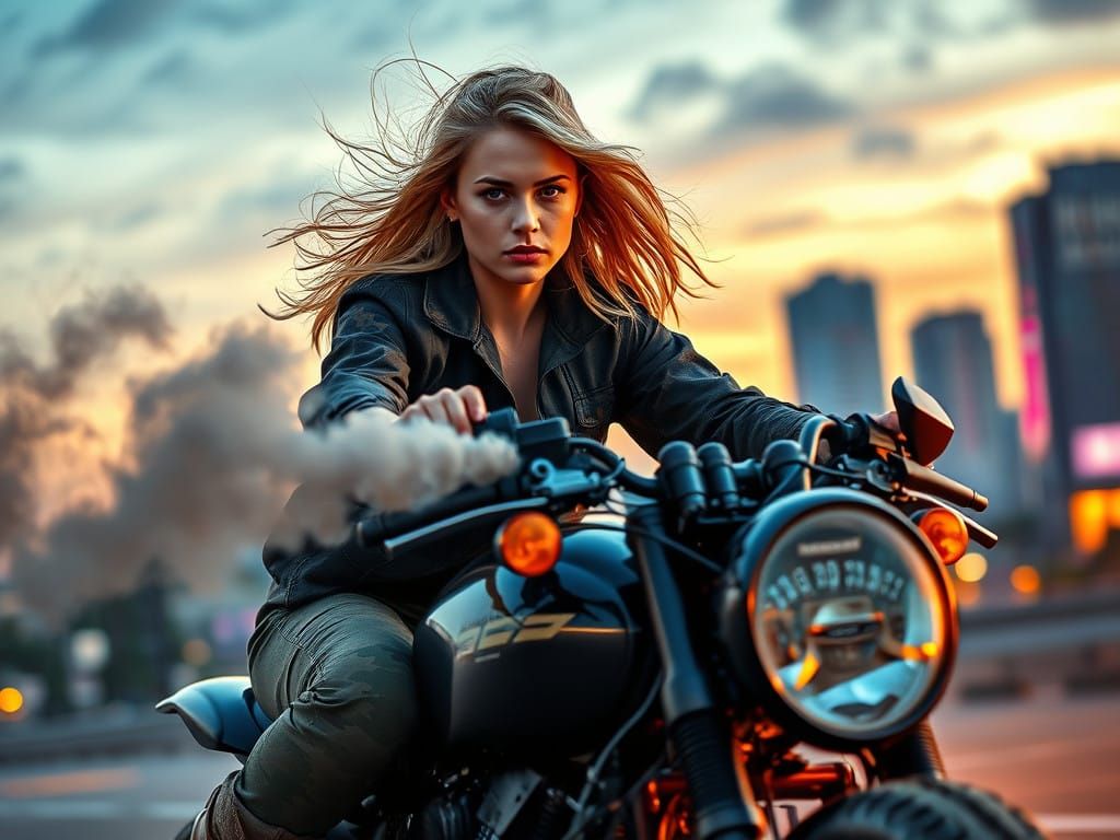 Woman Skating Through City in Dieselpunk Motorcycle