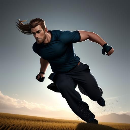 Man Running in Field: Hyperrealistic Charcoal Drawing