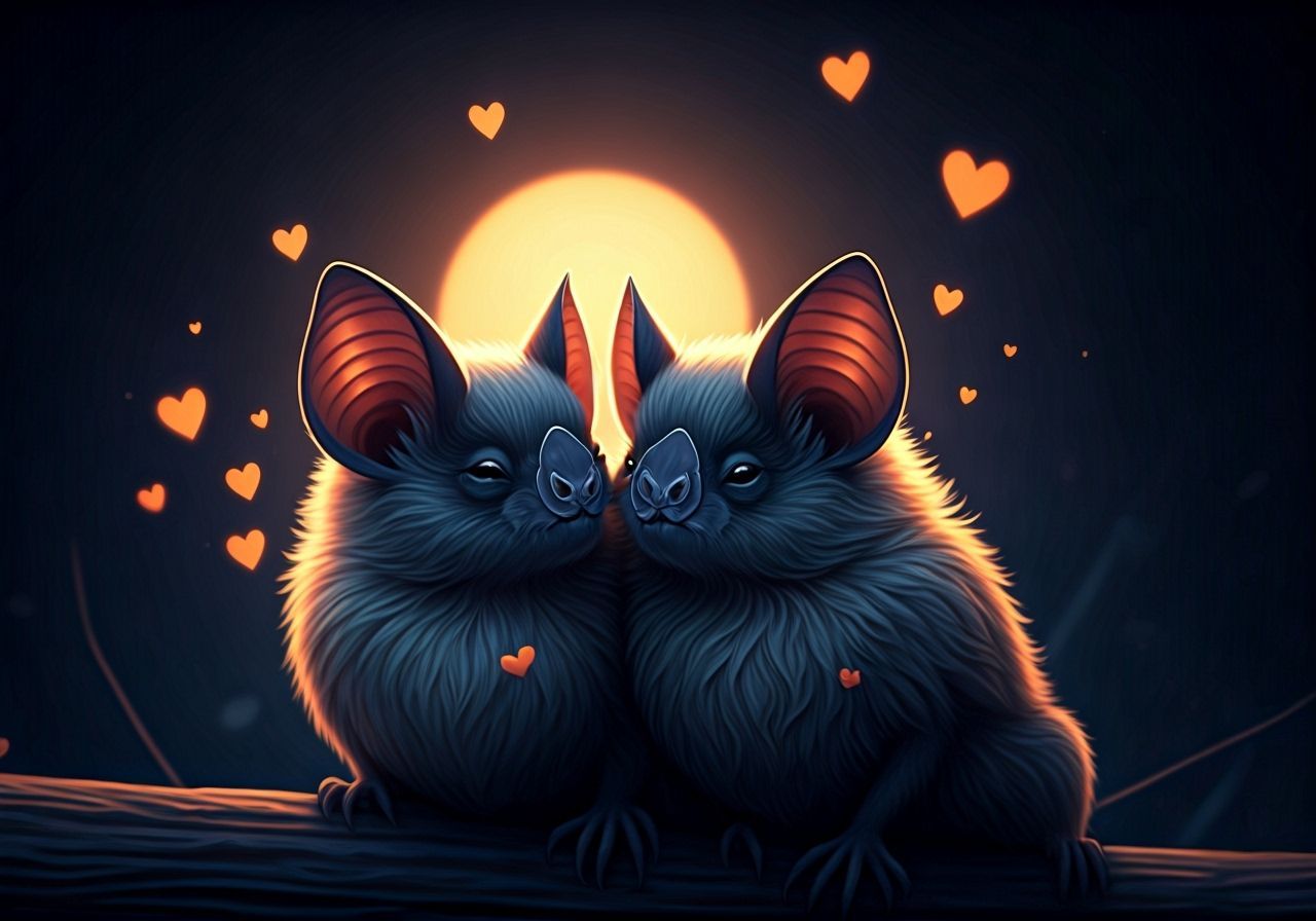 Two Bats Snuggling on Halloween Night with Hearts