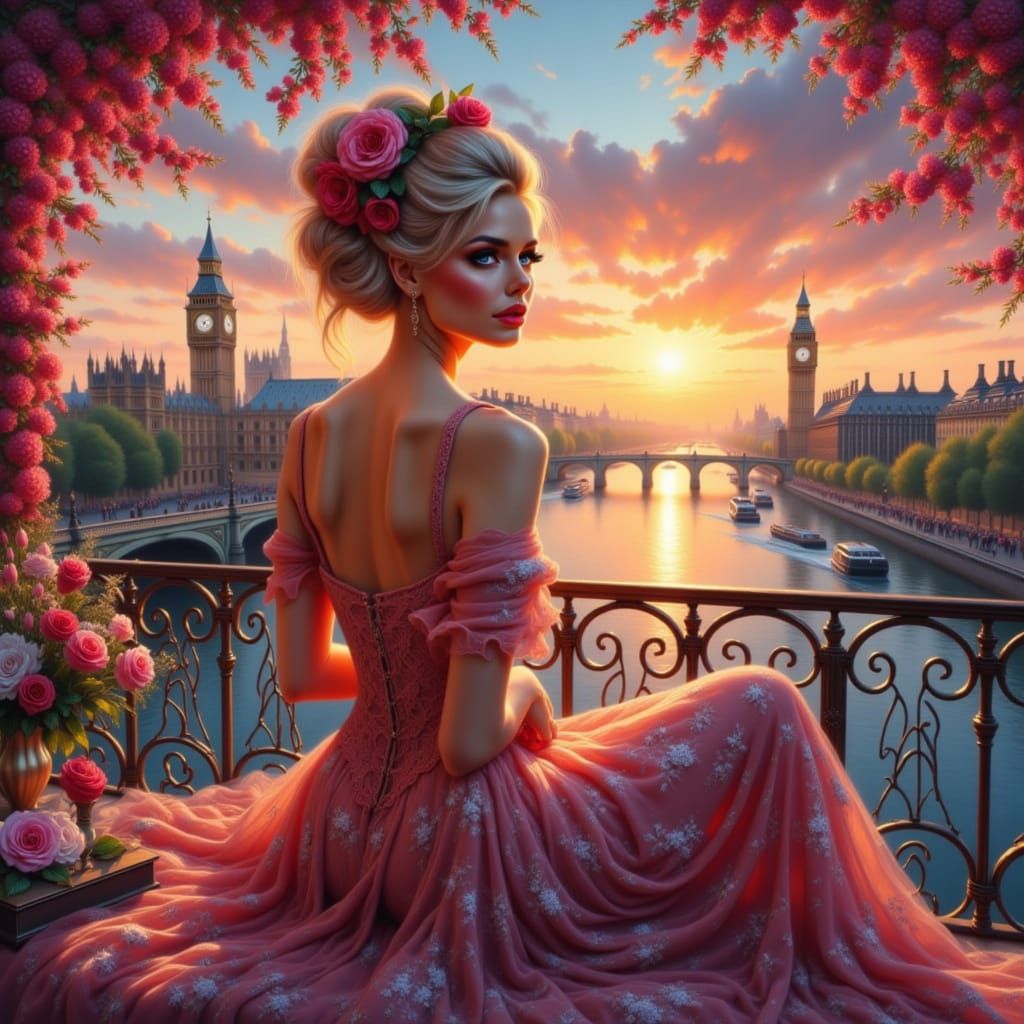 Woman on Terrace with Sunset View in Oil Painting Style