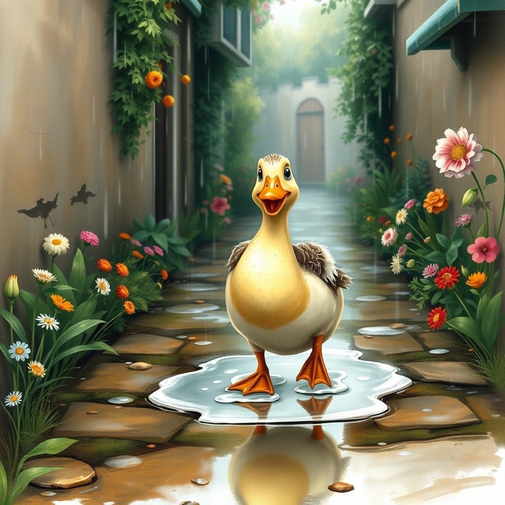 Sunny Duck Delights in a Whimsical Drizzly Day Scene