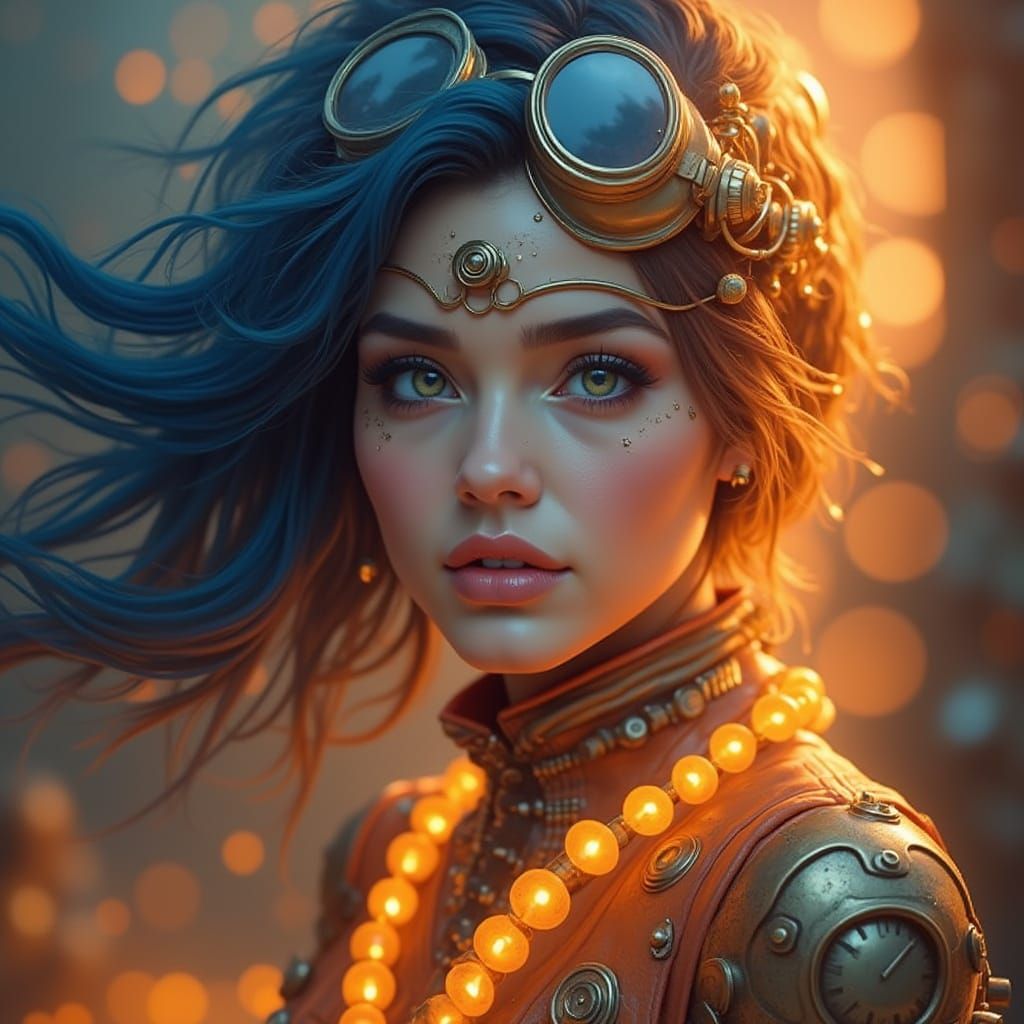 Steampunk Woman Surrounded by Brass Gears and Machinery
