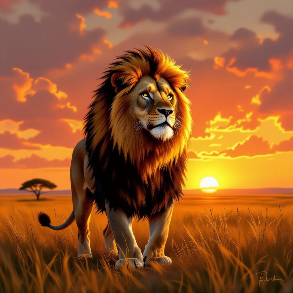 Majestic Lion on Mystical Savanna at Sunset