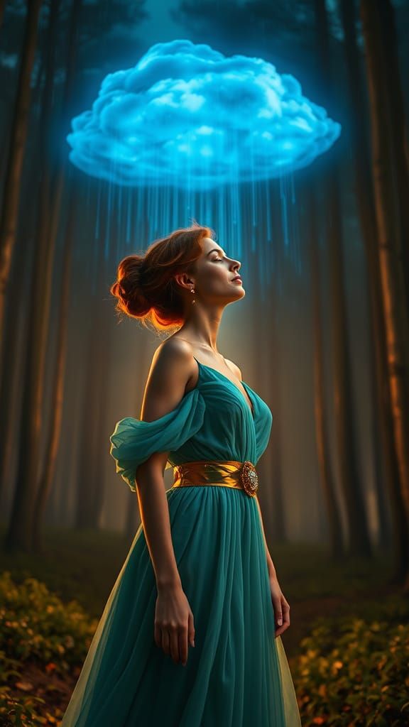Elegant Woman in Magical Forest with Luminous Rain