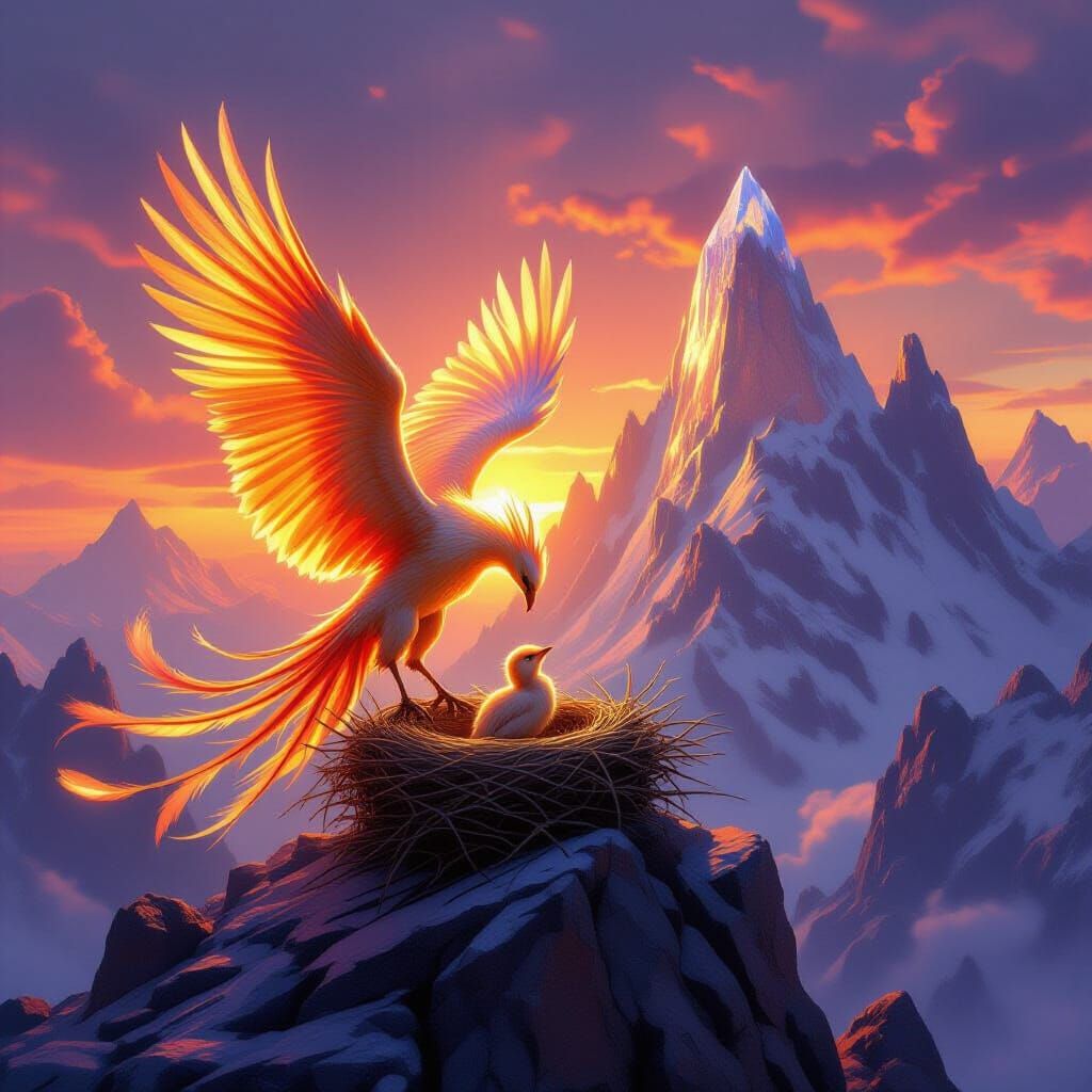 Phoenix Nurtures Fledgling on Crystal Mountain at Dawn