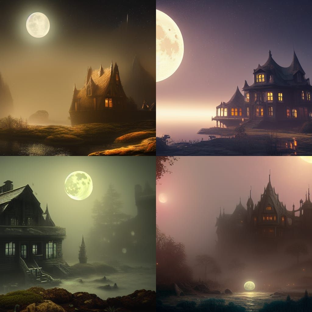 House on Flying Island in Misty Night