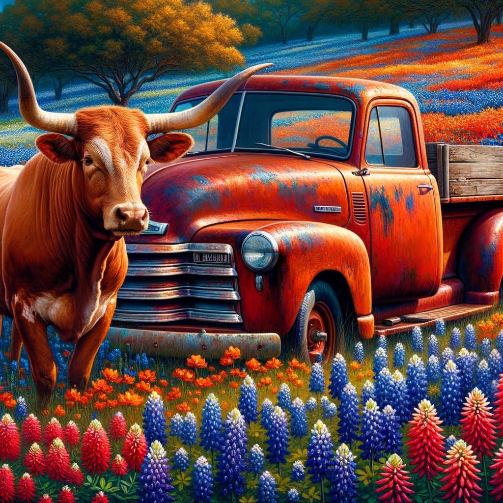 Tawny Texas Longhorn Steer Amidst Vibrant Wildflowers and Ru...