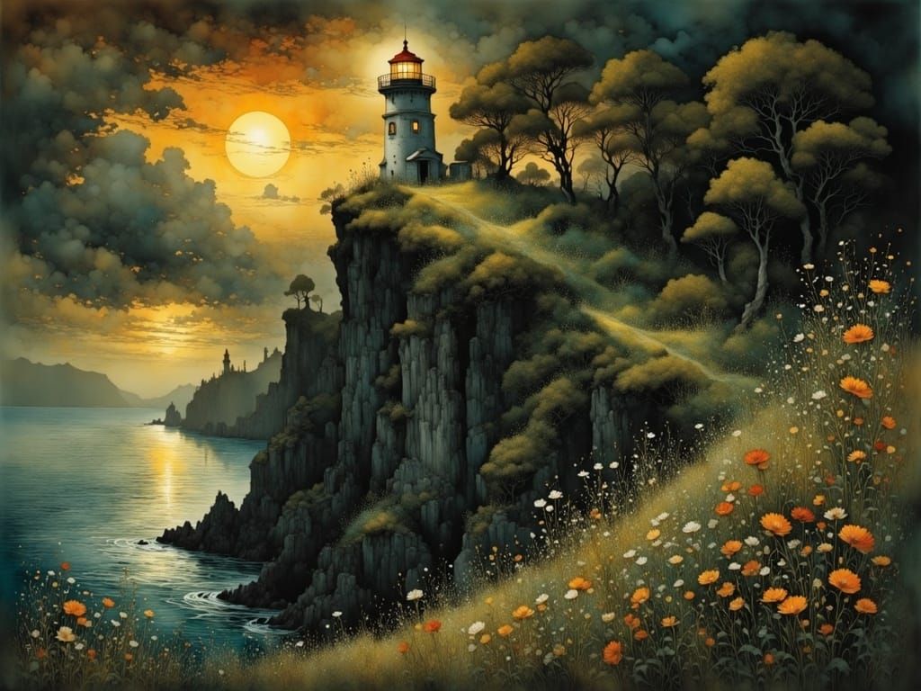 Surrealistic Cliffside Lighthouse Painting in Stormy Sunset