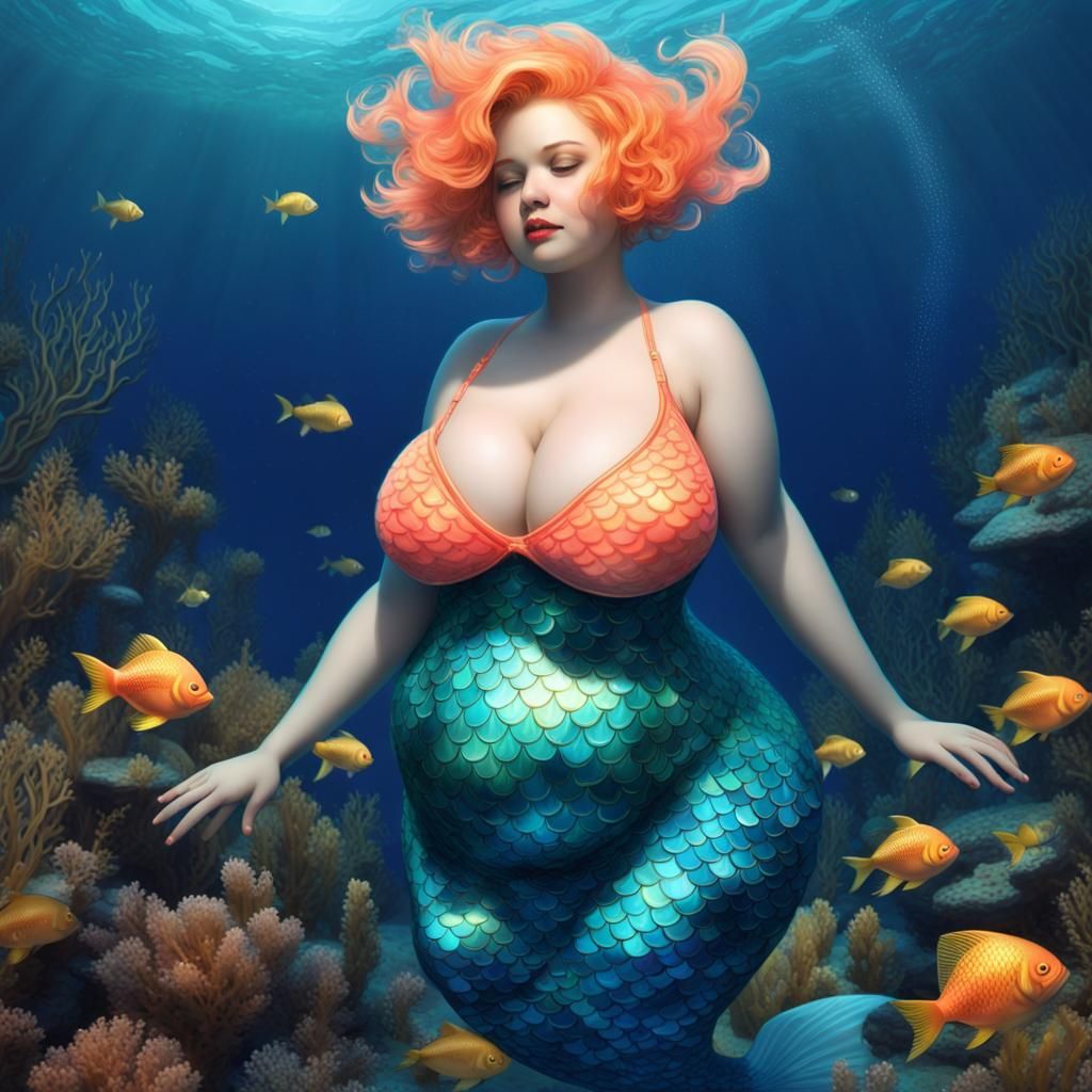 Chubby Mermaid in Deep Blue Sea: Hyperrealistic Splash Art