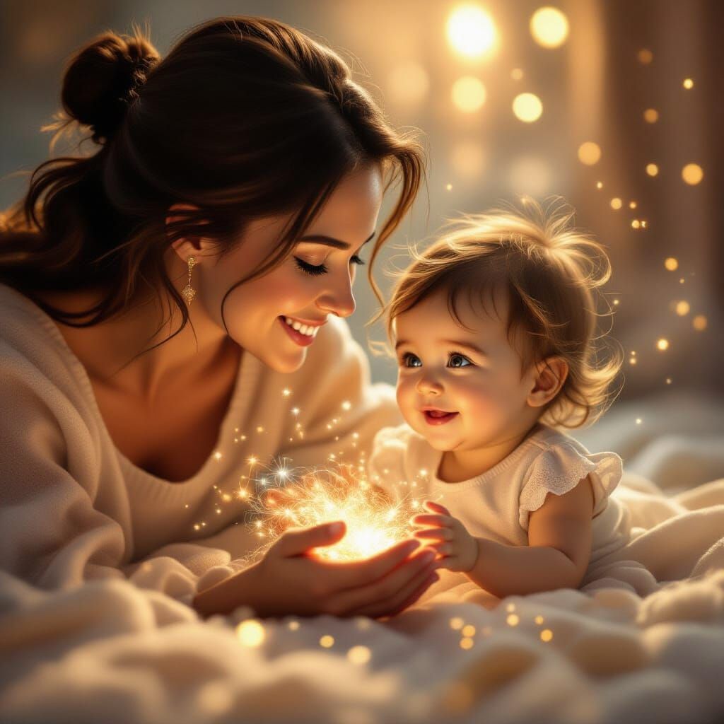 Magical Dust Bunnies Swirl Around Adoring Mother and Baby