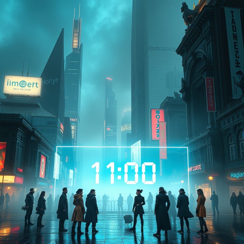 Futuristic Cityscape at Dusk with Neon Lights and Holographi...
