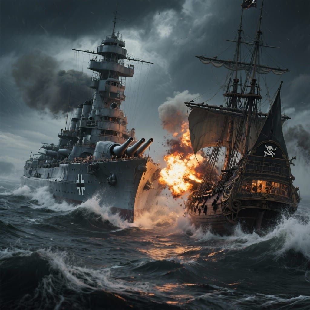 WW2 Battleship Fights Pirate Galleon in Stormy Seas