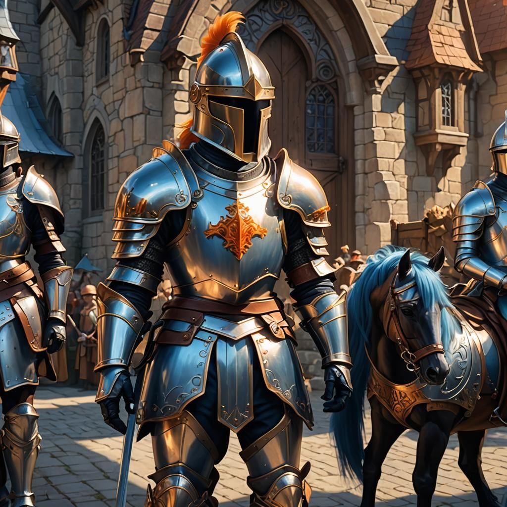 A Pony in full plate knight armor in ponyville