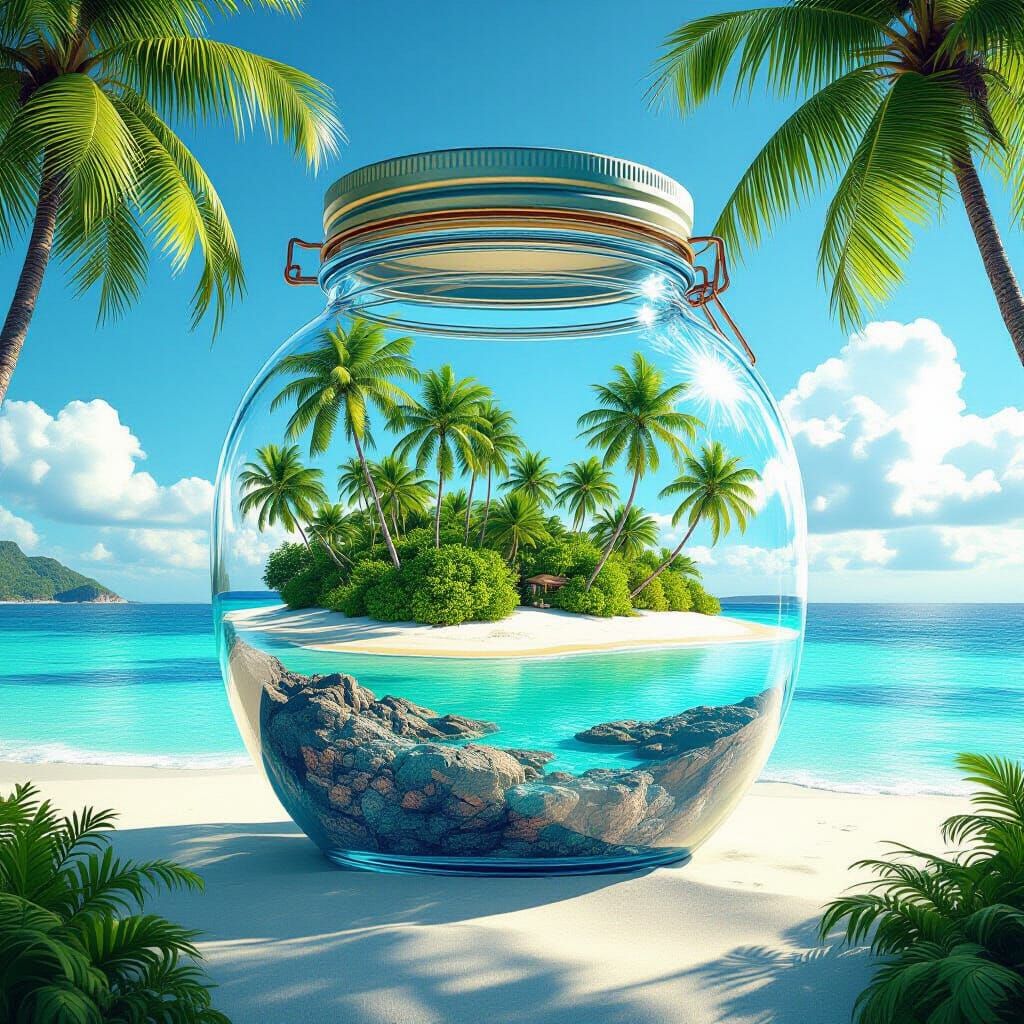 Caribbean Island Encased in Glass Jar: 3D Render