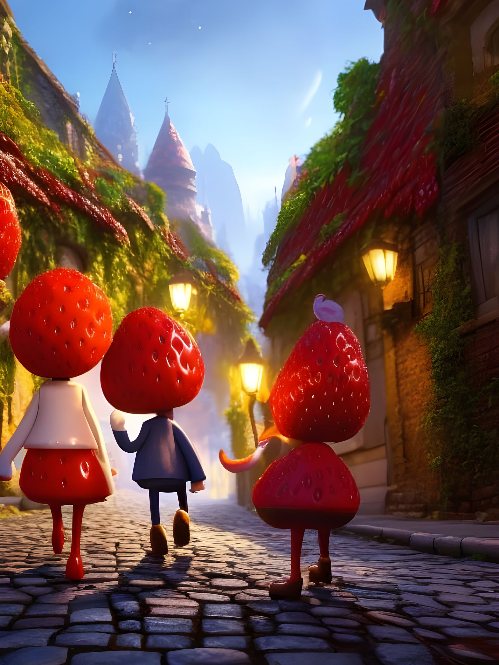 Strawberry People on Cobblestone Road: Whimsical Art