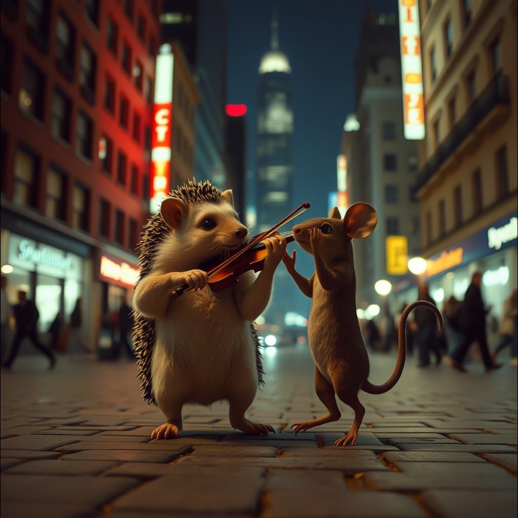 Vibrant City Square Scene: Hedgehog Violinist and Dancing Mo...