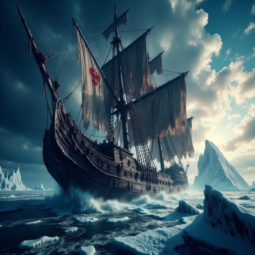 Medieval Warship Conquers Frozen Sea in a Majestic Cyberpunk...