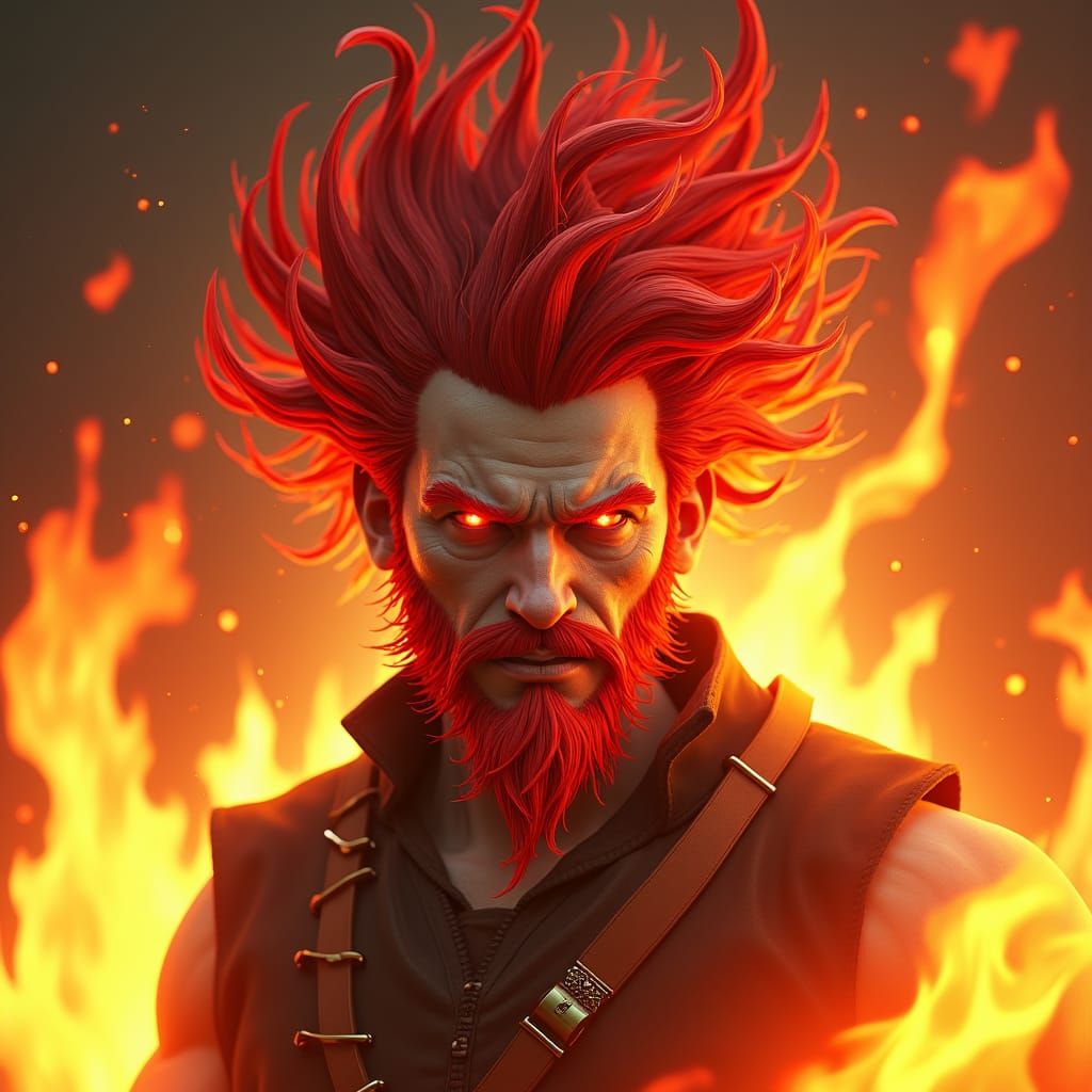 Fantasy Fire Man with Blazing Red Hair