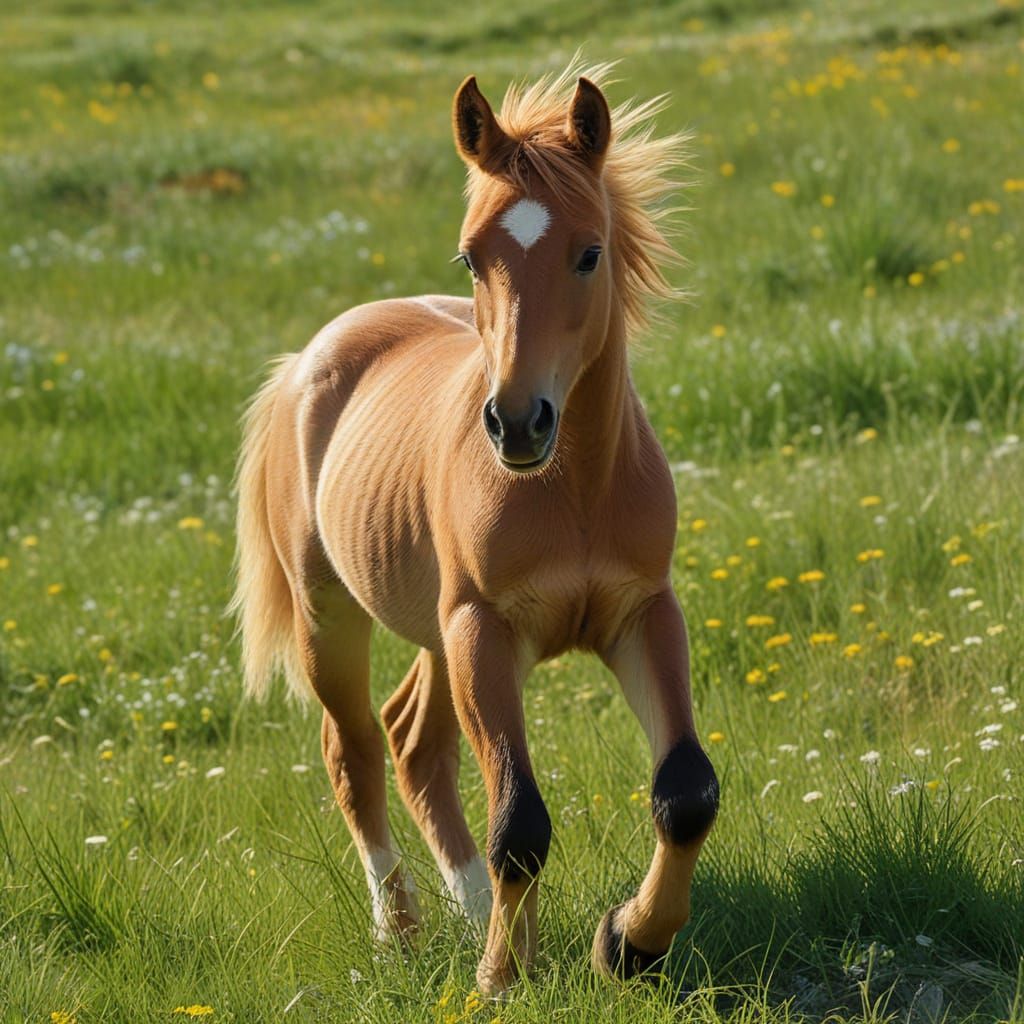 Vibrant Bay Foal Runs in Sunlit Meadow