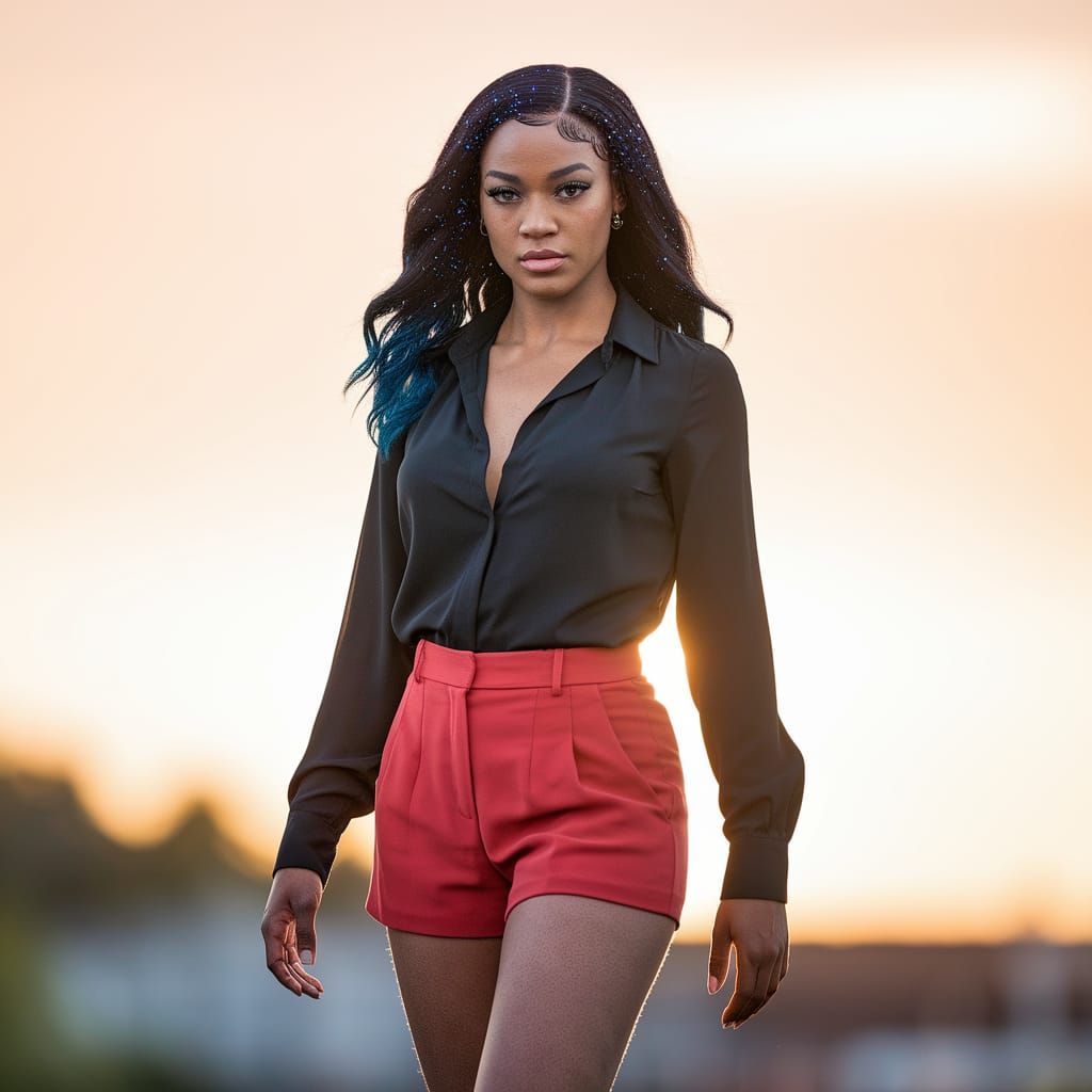 Girl with Black and Blue Hair in Sunset Light