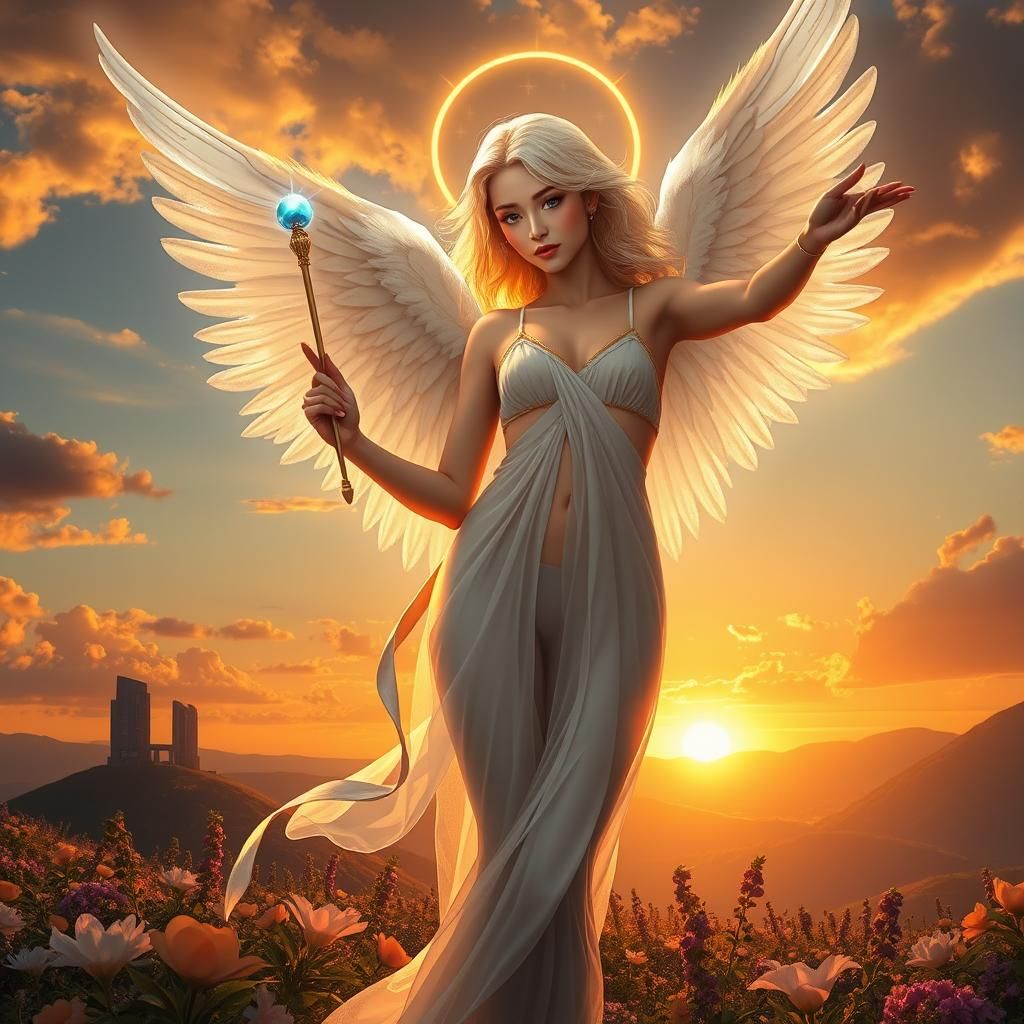 Magical Angel with Golden Wings and Blue Eyes