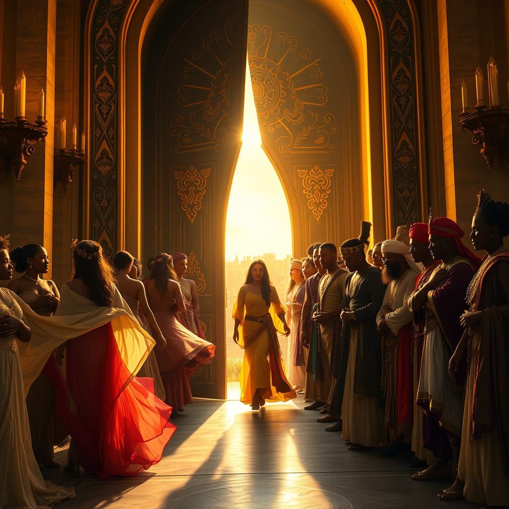 Diverse Group Pushes Ornate Door into Hidden World