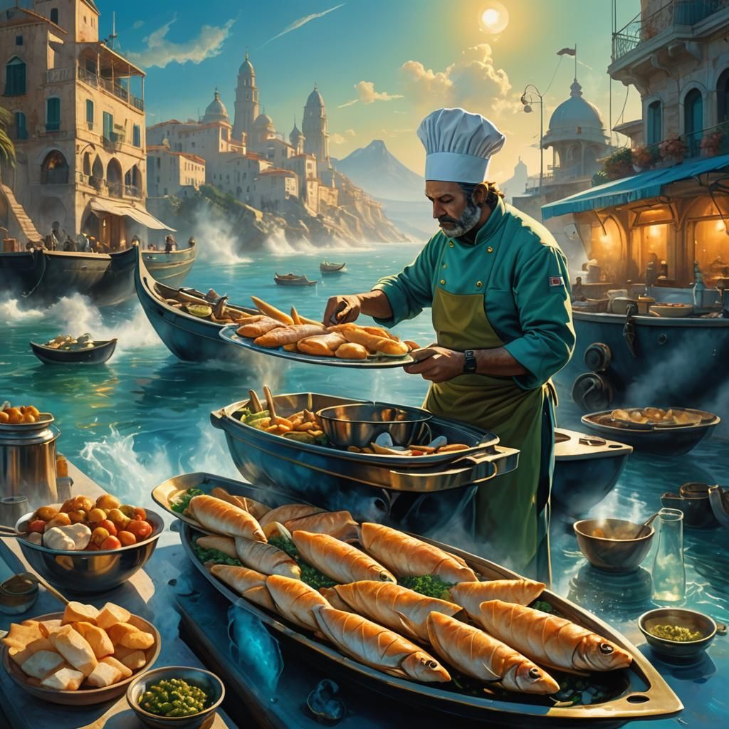 Italian Chef Cooks Fish in Baguette Boat