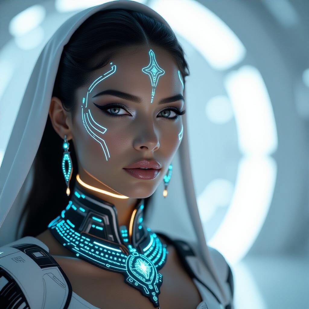 futuristic female priestess with artificial skin texture, sy...