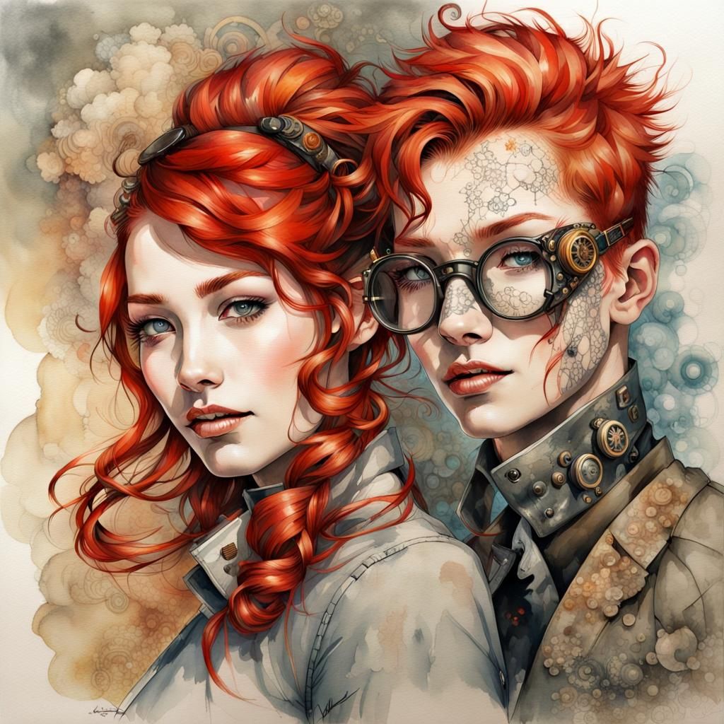 Steampunk Portrait of Expressive Faces in Watercolor