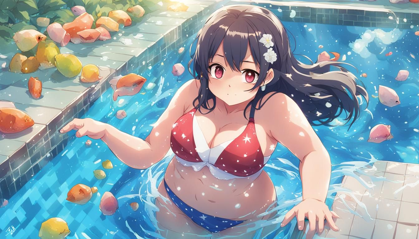 Anime Style: Curvy Girl in Bikini in Pool