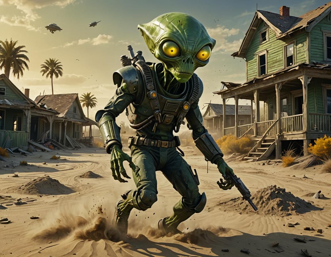 Eerie Green Alien with Ray Gun in Desert Village