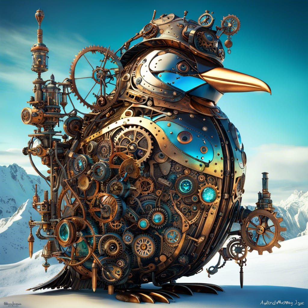 Steampunk Penguin in Winter Fantasy Landscape