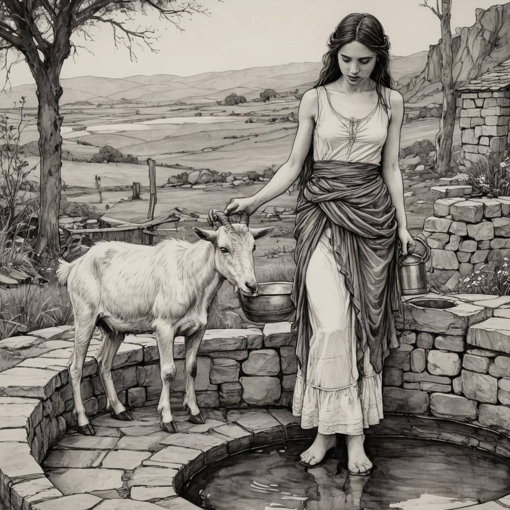 Woman and Goat at the Well in Pre-Raphaelite Style