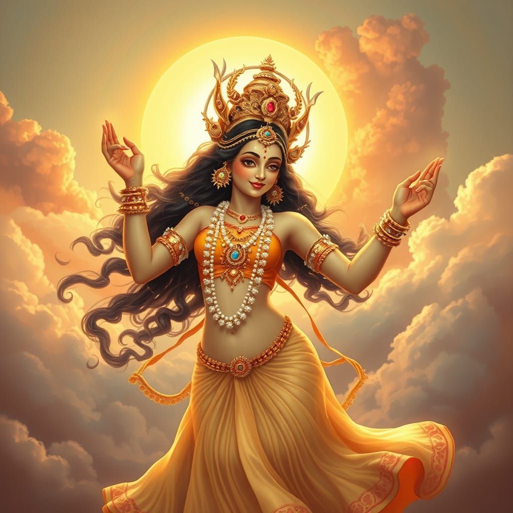 Celestial Apsara Dances Amidst Sunset Clouds in Art Nouveau ...