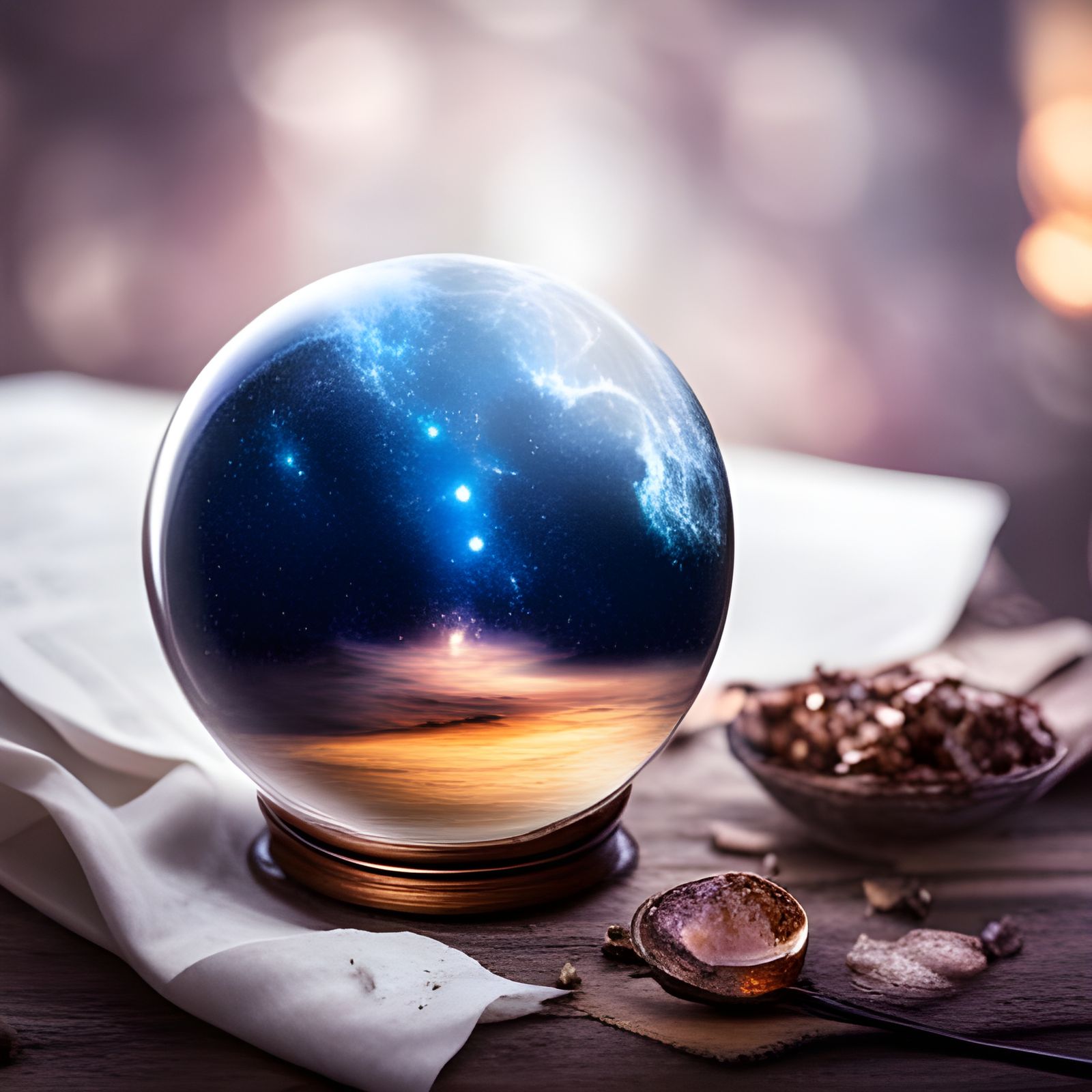 crystal ball on gypsi's table with galaxy visible