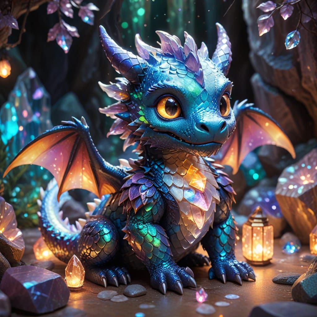 Cute Chibi Dragon on Crystals in Studio Ghibli Style