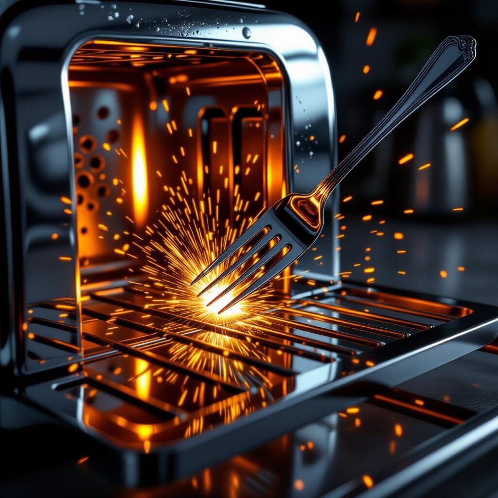 Fork Frozen in Time Near Glowing Toaster Coils