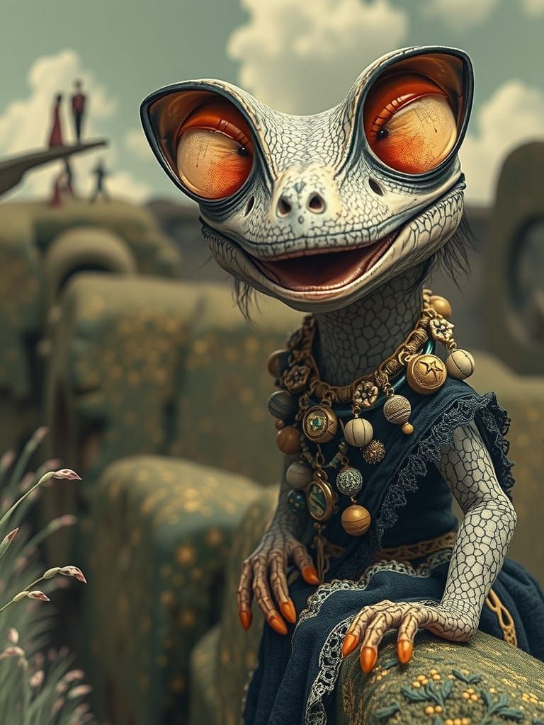 Whimsical Gecko in Hippie Dress: Surreal Oil Painting
