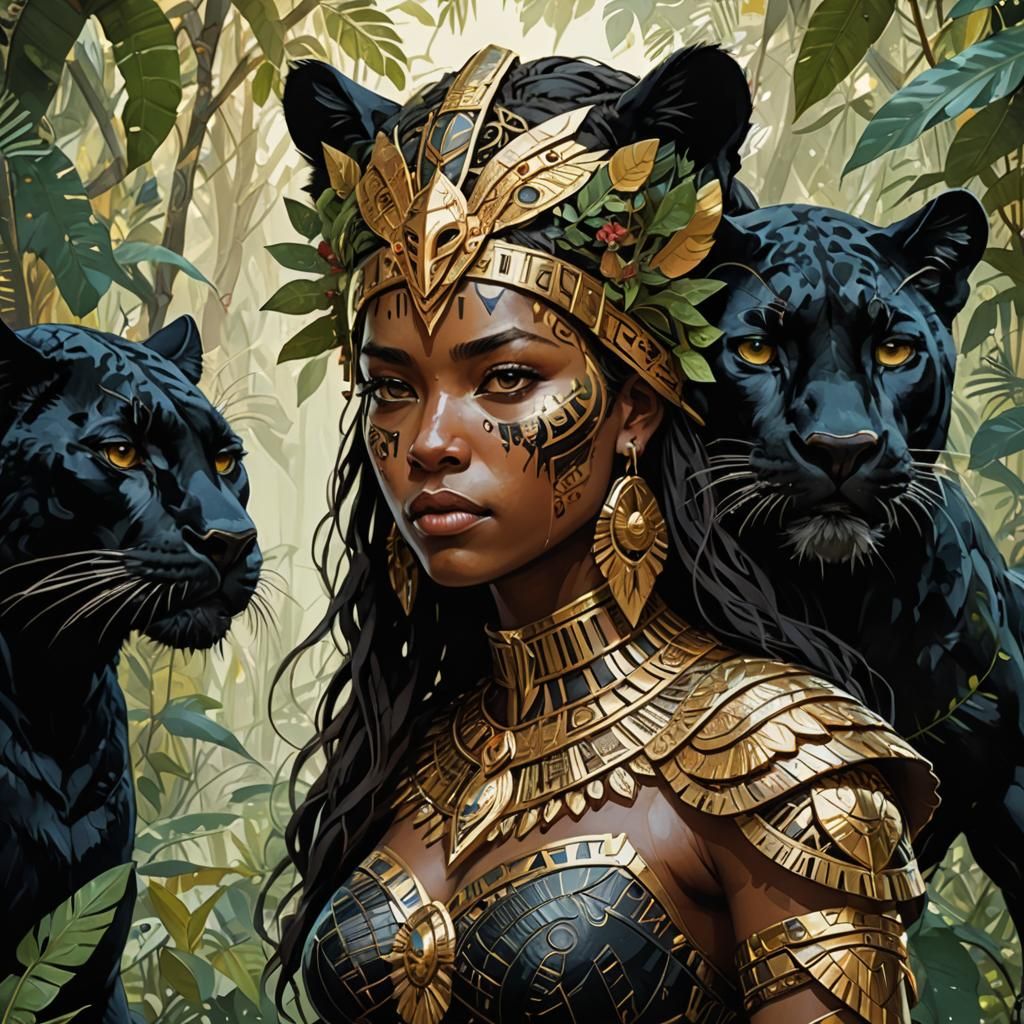 Aztec Panther Warrior Woman in Jungle Art