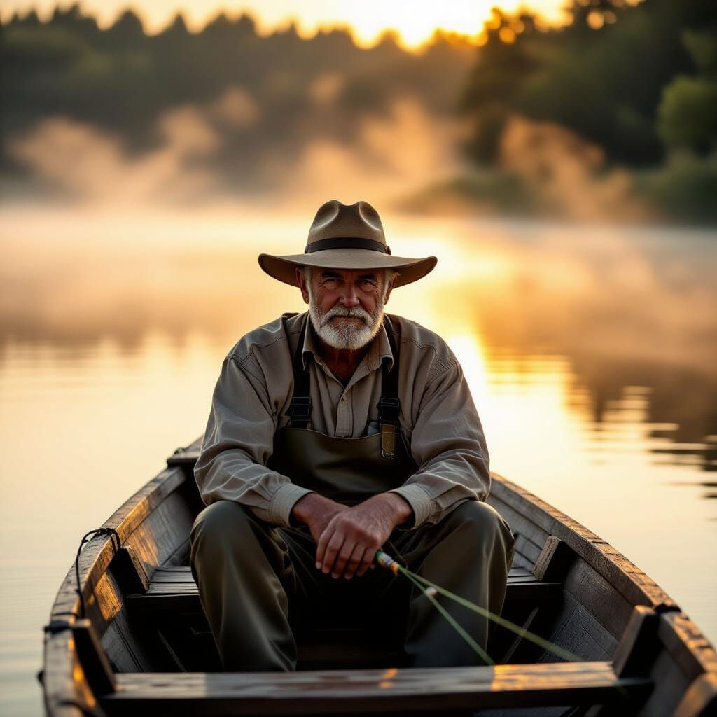 Elderly Fisherman at Sunrise in Misty Lake