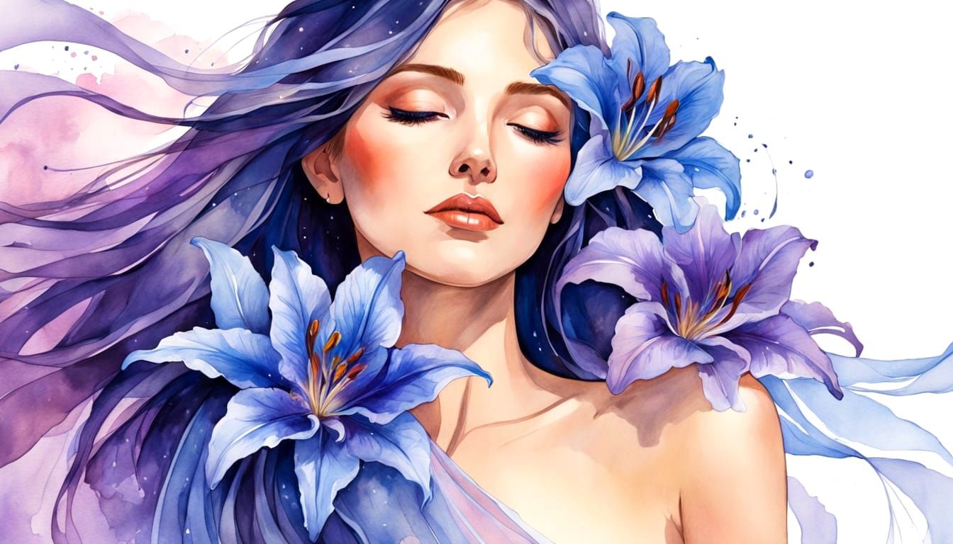 Beautiful Woman with Lilies in Flowing Watercolor
