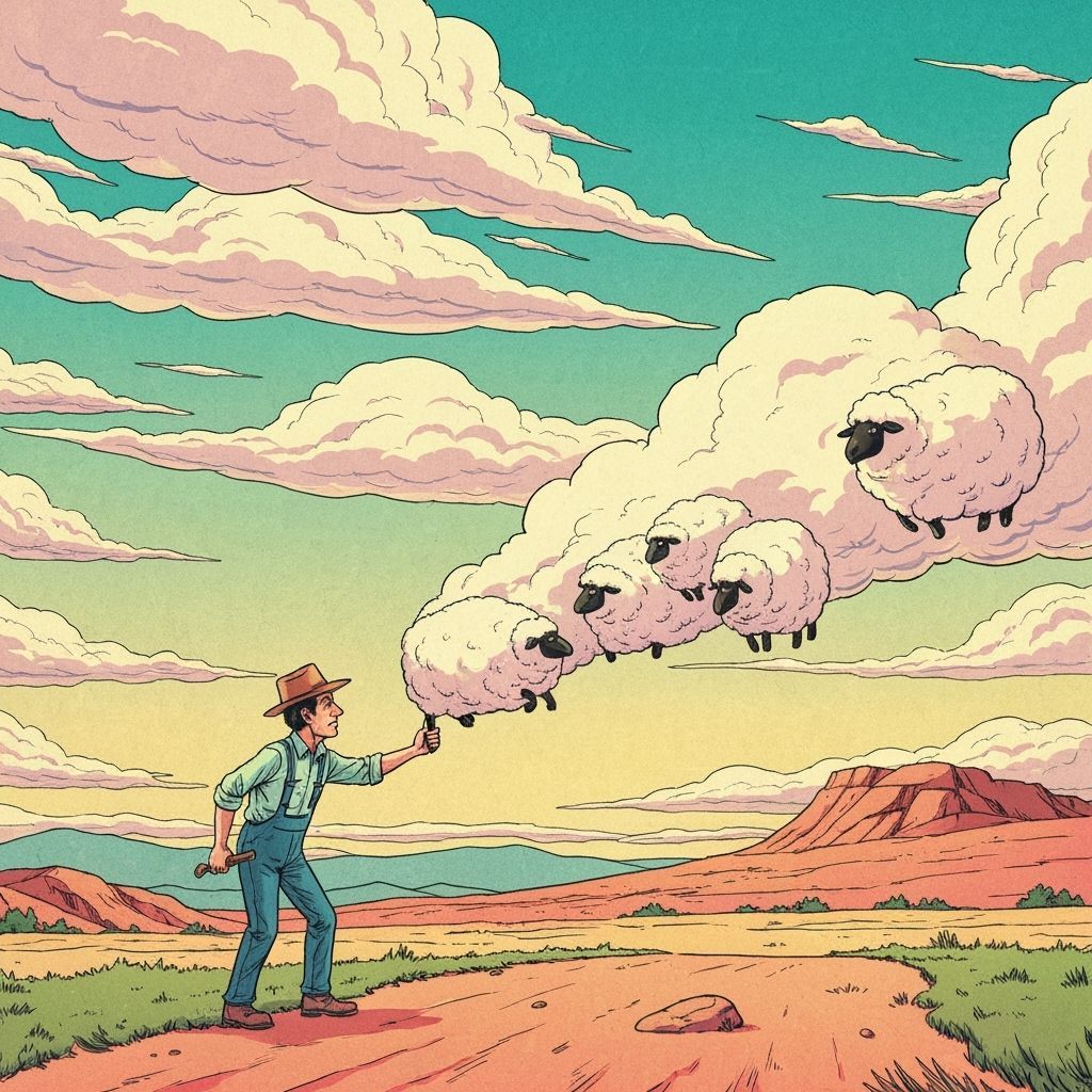 Farmer Herds Cloud Sheep in Stylized American West