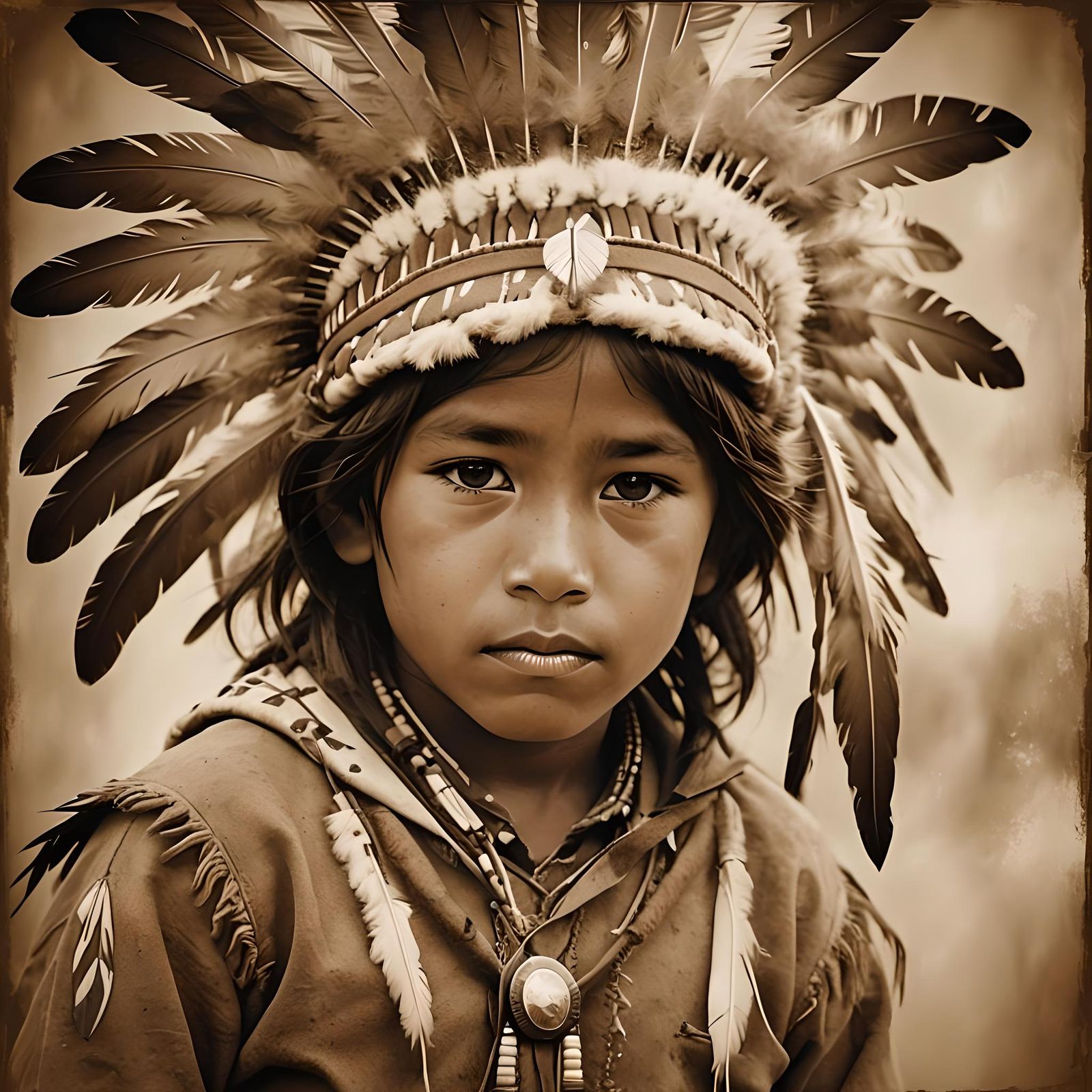 Sepia Portrait of Young Native American Child