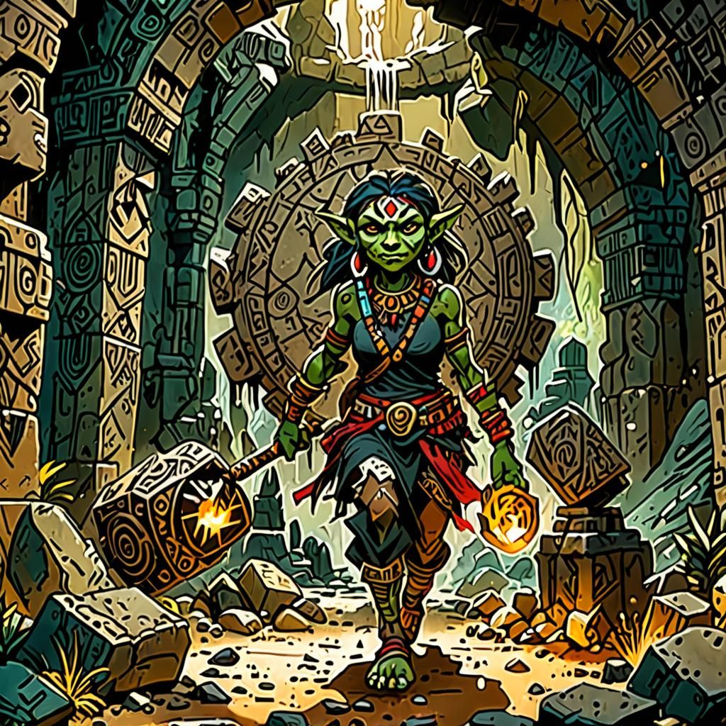 Goblin Woman in Temple Ruins, Watercolor and Ink Art