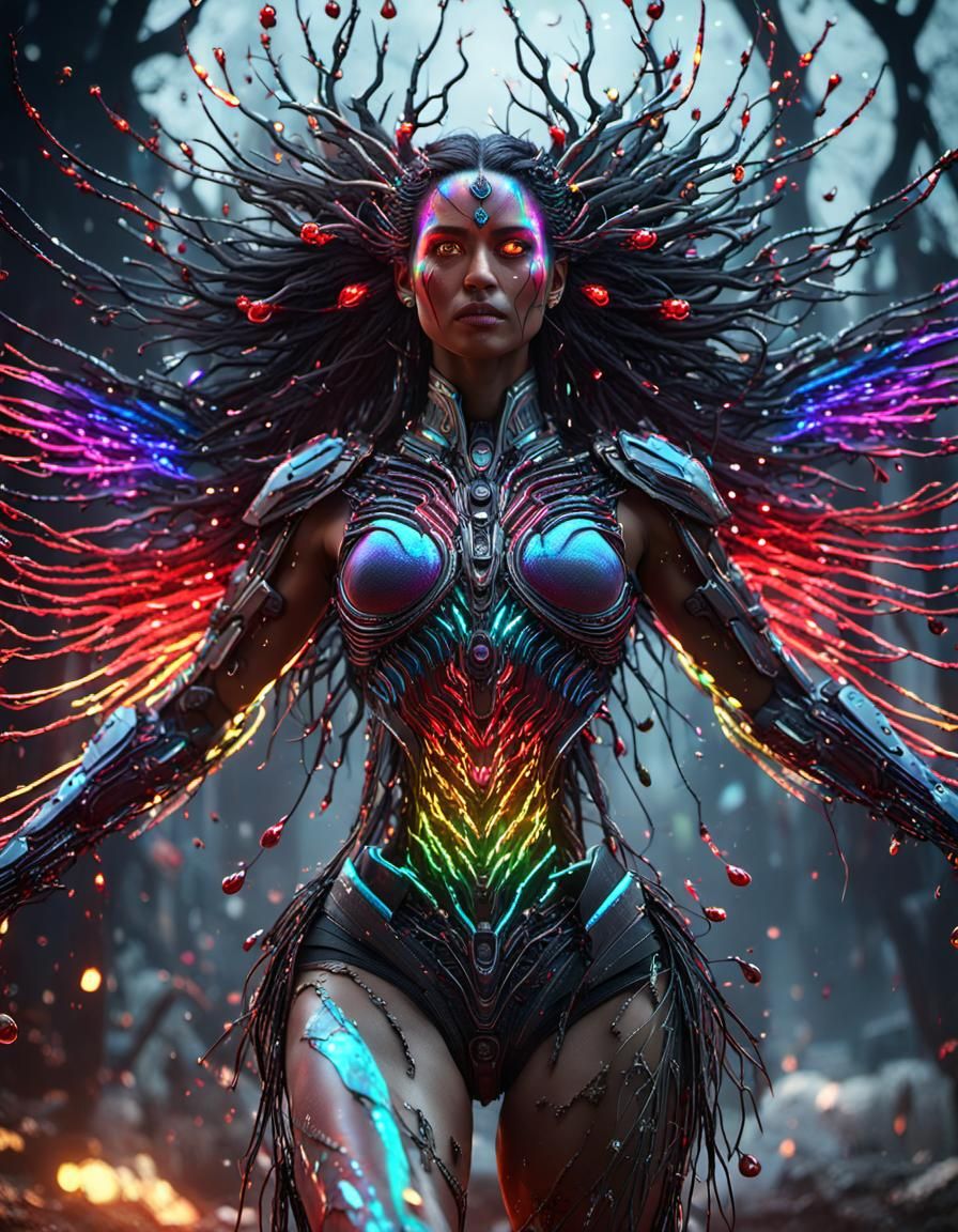 Goddess with Rainbow Branches and Red Eyes