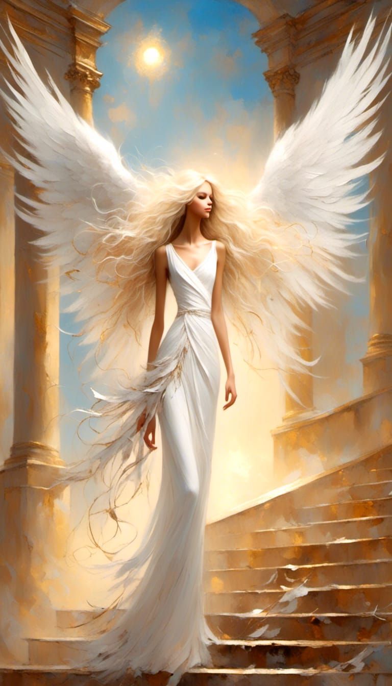 <lora:White Fantasy:1.0> an Angel with long blonde wavy hair...